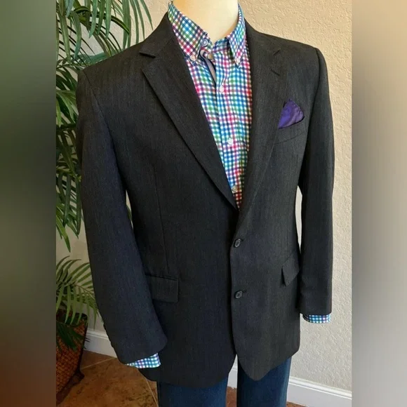 JOS A BANK SPORT COAT MENS SIZE 42L BLAZER CHARCOAL HERRINGBONE JACKET LONG FIT